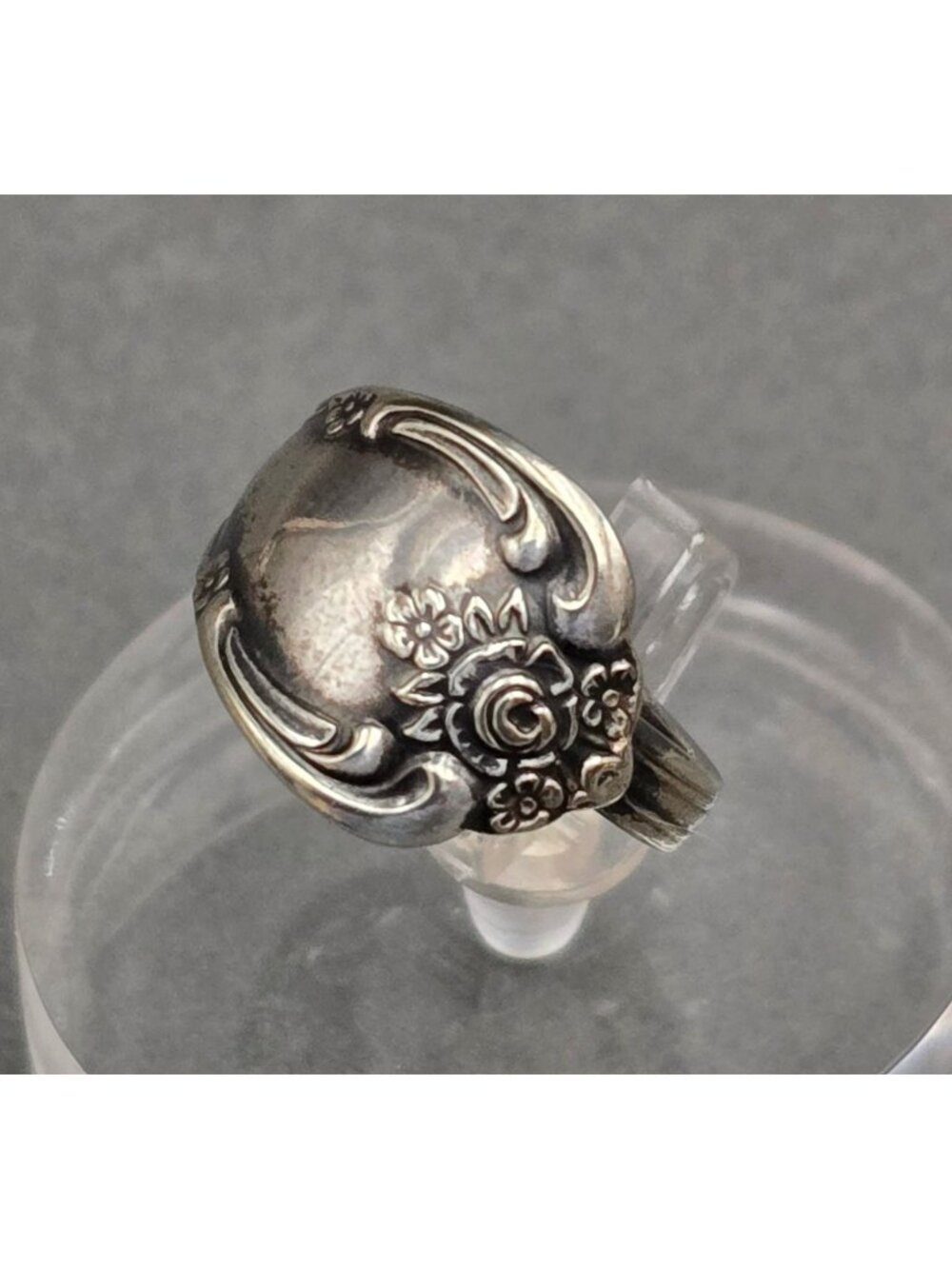 Vintage Oneida Silver Plate Spoon Ring Size 5 Rustic Floral Tapered Adjustable - Picture 10 of 10